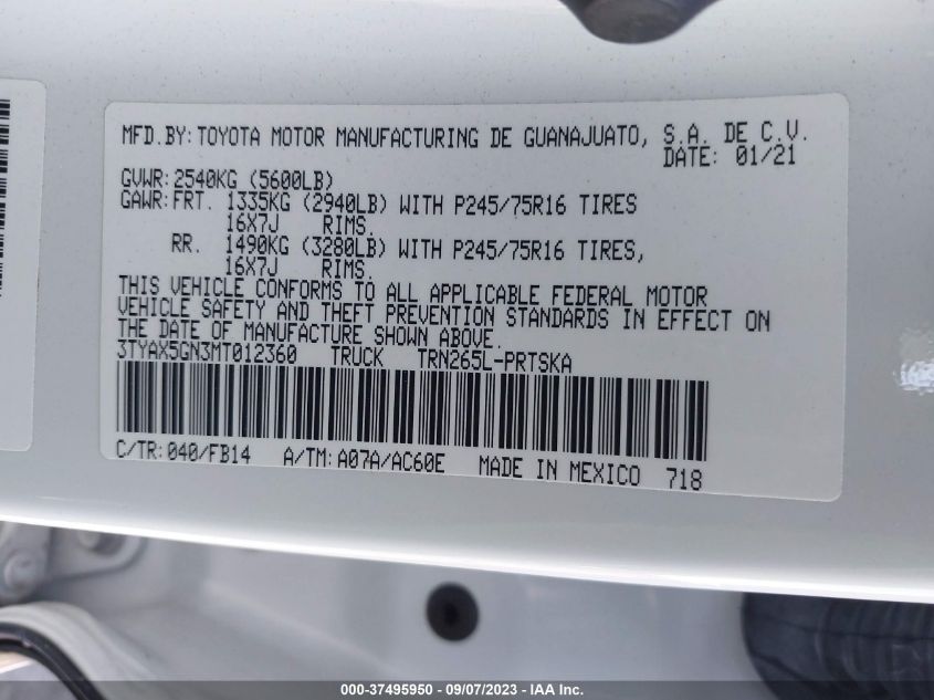 2021 TOYOTA TACOMA 2WD SR/SR5 - 3TYAX5GN3MT012360