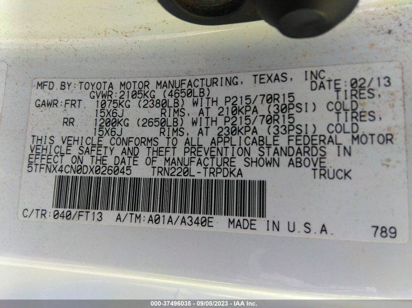 2013 TOYOTA TACOMA - 5TFNX4CN0DX026045