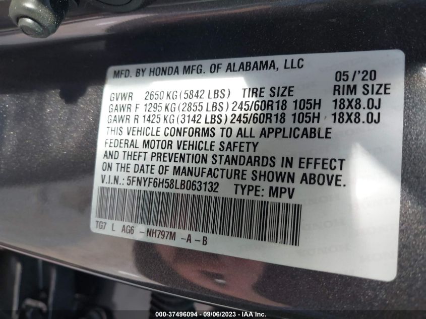 2020 HONDA PILOT EXL - 5FNYF6H58LB063132
