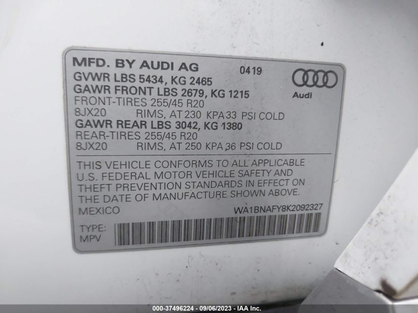 WA1BNAFY8K2092327 2019 AUDI Q5, photo no. 9