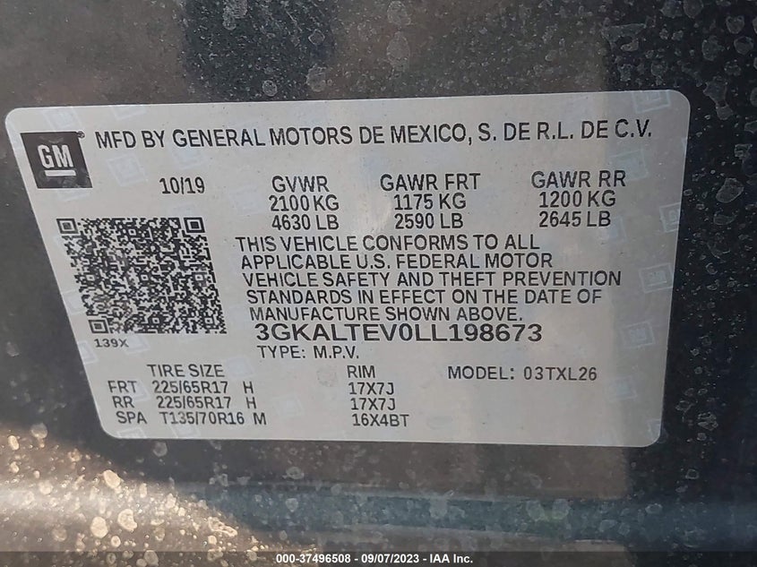 VIN 3GKALTEV0LL198673 2020 GMC TERRAIN SLE