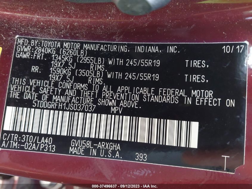 2018 TOYOTA HIGHLANDER HYBRID LIMITED 5TDDGRFH1JS037037