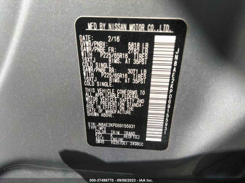 2016 NISSAN QUEST SV/S/PLATINUM/SL - JN8AE2KP0G9155931