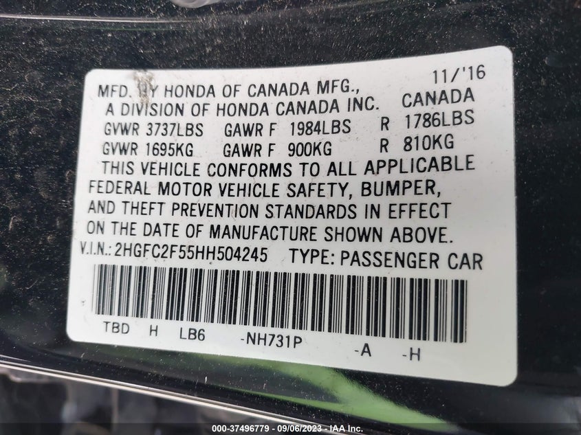 VIN 2HGFC2F55HH504245 2017 HONDA CIVIC SEDAN LX