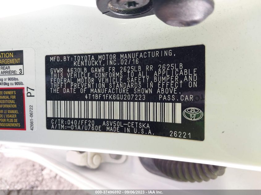2016 TOYOTA CAMRY XLE/SE/LE/XSE - 4T1BF1FK6GU207223