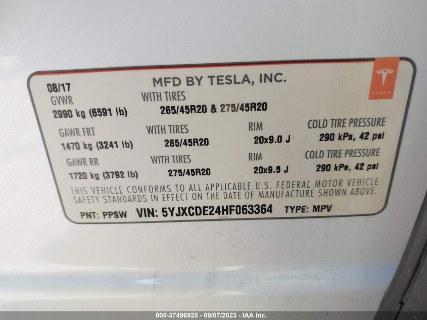 2017 TESLA MODEL X - 5YJXCDE24HF063364
