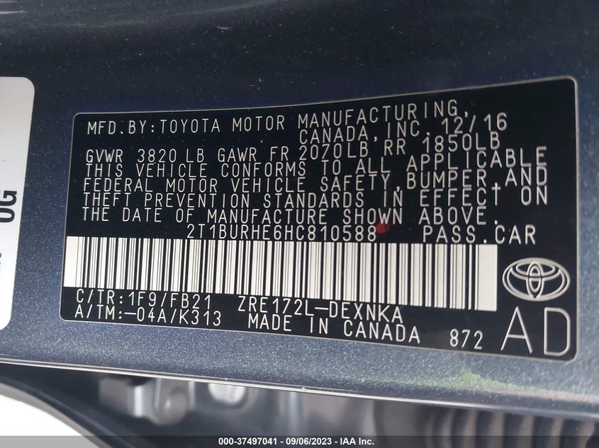 VIN 2T1BURHE6HC810588 2017 TOYOTA COROLLA L/LE/XLE/SE/XSE