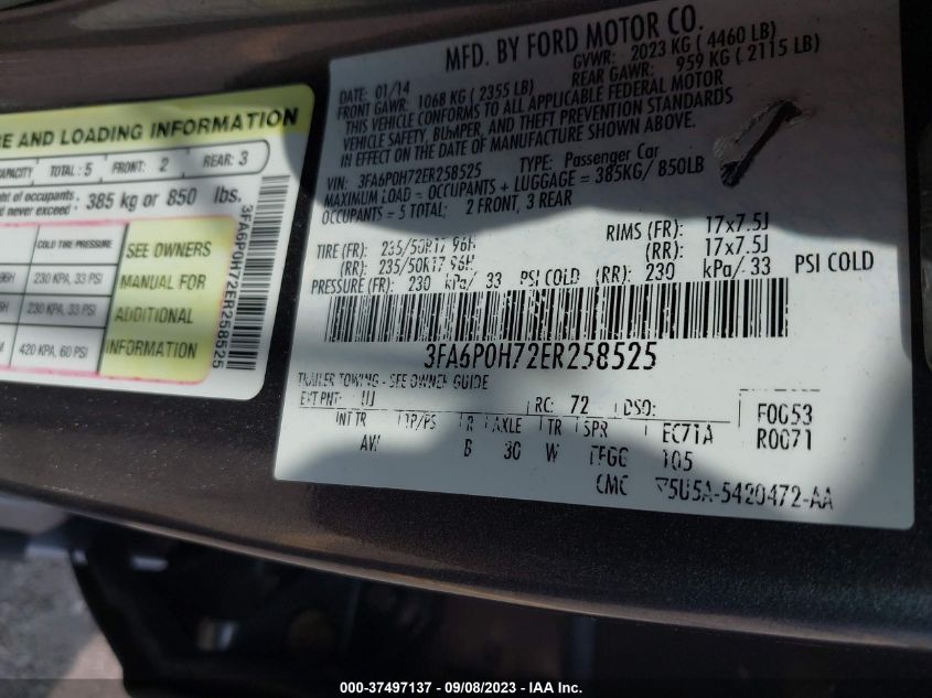 2014 FORD FUSION SE - 3FA6P0H72ER258525