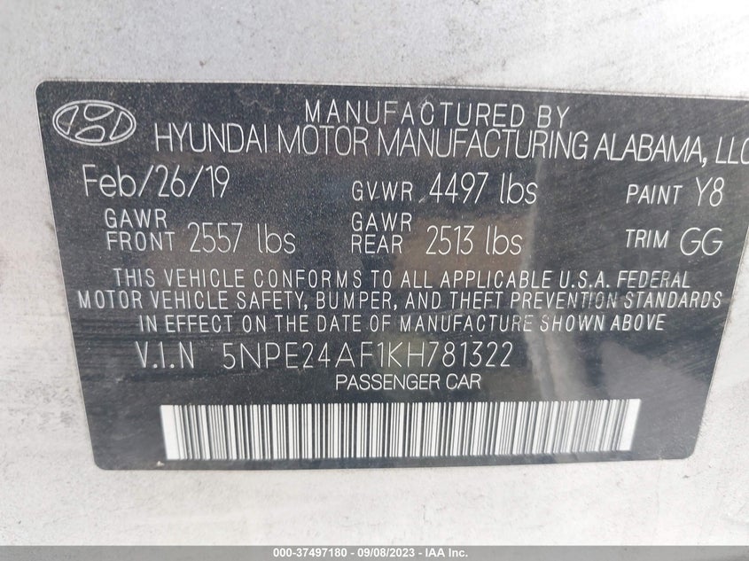 VIN 5NPE24AF1KH781322 2019 HYUNDAI SONATA SE