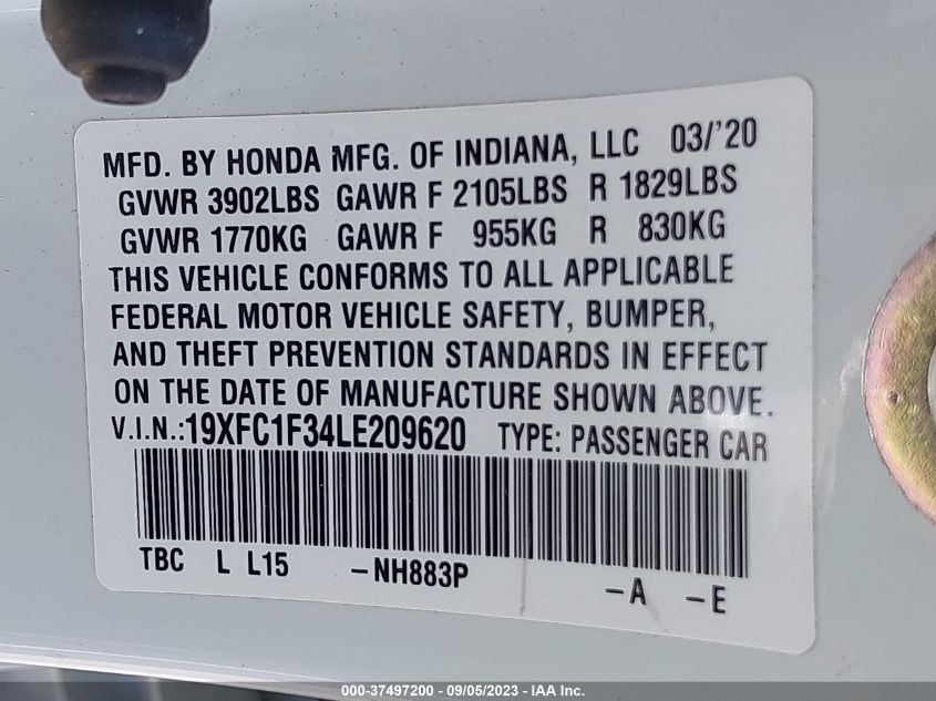 VIN 19XFC1F34LE209620 2020 HONDA CIVIC SEDAN EX