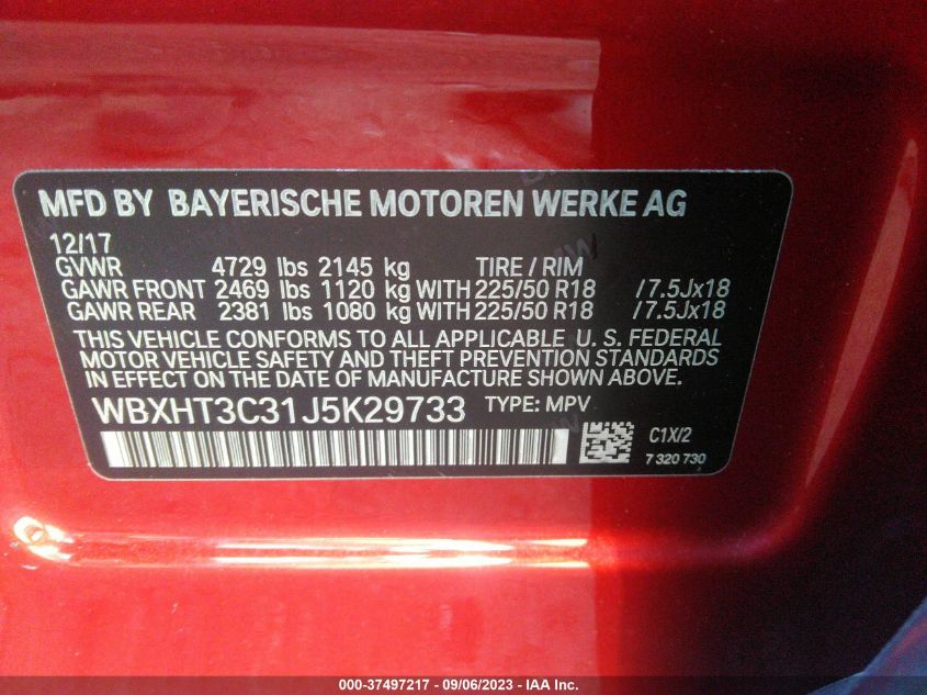 VIN WBXHT3C31J5K29733 2018 BMW X1 no.9