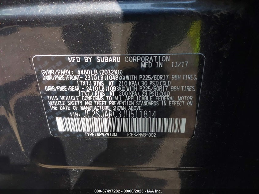 VIN JF2SJARC3JH511814 2018 SUBARU FORESTER LIMITED