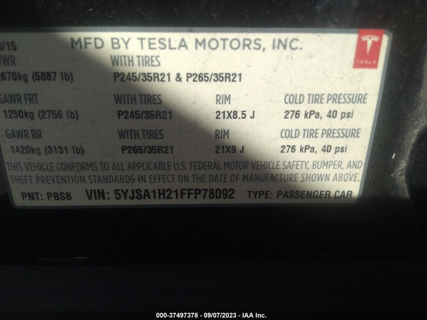 2015 TESLA MODEL S 85D - 5YJSA1H21FFP78092