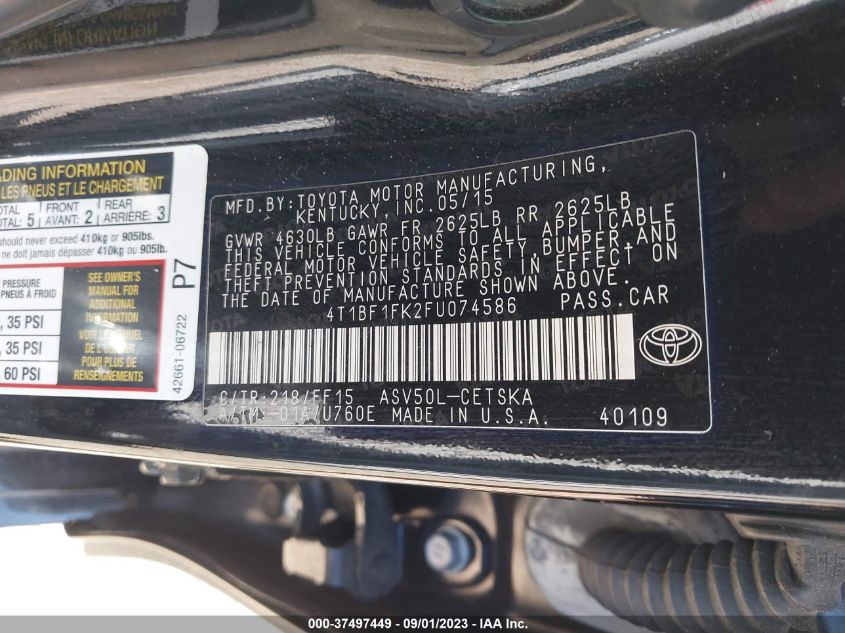 2015 TOYOTA CAMRY XLE/SE/LE/XSE - 4T1BF1FK2FU074586