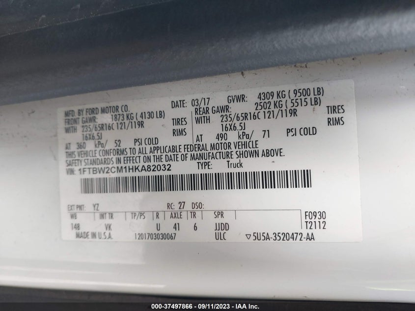 VIN 1FTBW2CM1HKA82032 2017 FORD TRANSIT VAN
