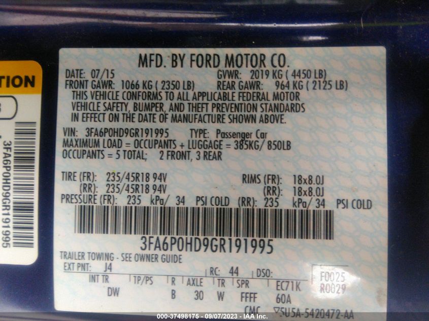 2016 FORD FUSION SE - 3FA6P0HD9GR191995