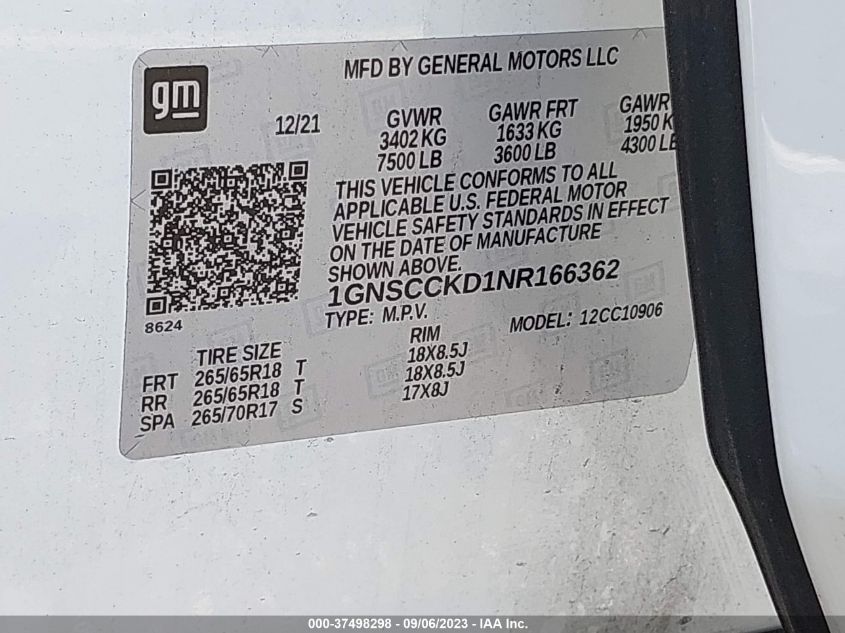 2022 CHEVROLET SUBURBAN LT - 1GNSCCKD1NR166362