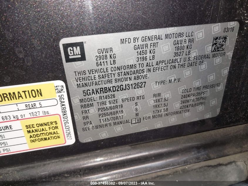 2016 BUICK ENCLAVE LEATHER - 5GAKRBKD2GJ312627