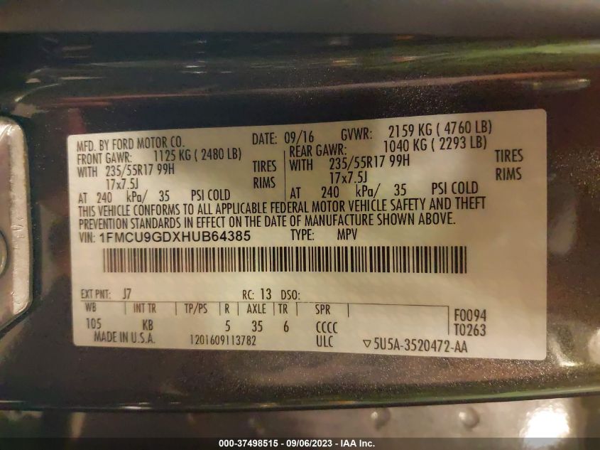 2017 FORD ESCAPE SE - 1FMCU9GDXHUB64385