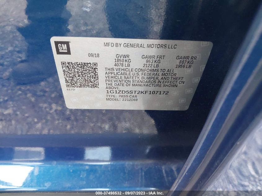 2019 CHEVROLET MALIBU LT - 1G1ZD5ST2KF107172