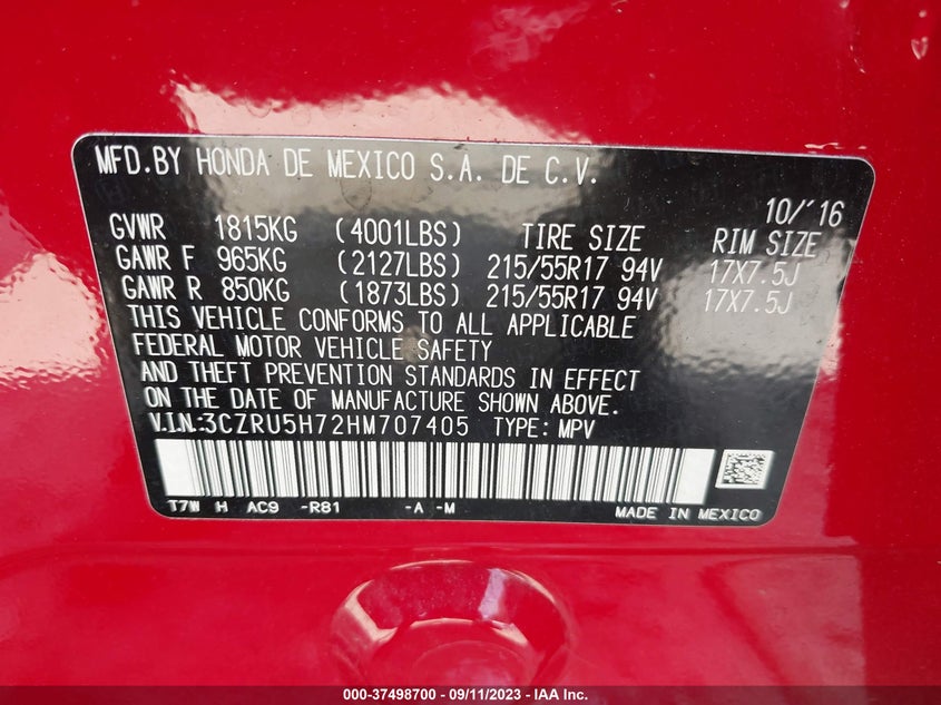 VIN 3CZRU5H72HM707405 2017 HONDA HR-V EX-L NAVI