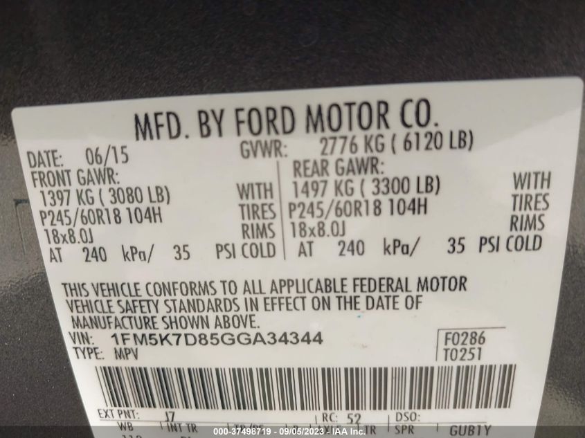 2016 FORD EXPLORER XLT - 1FM5K7D85GGA34344