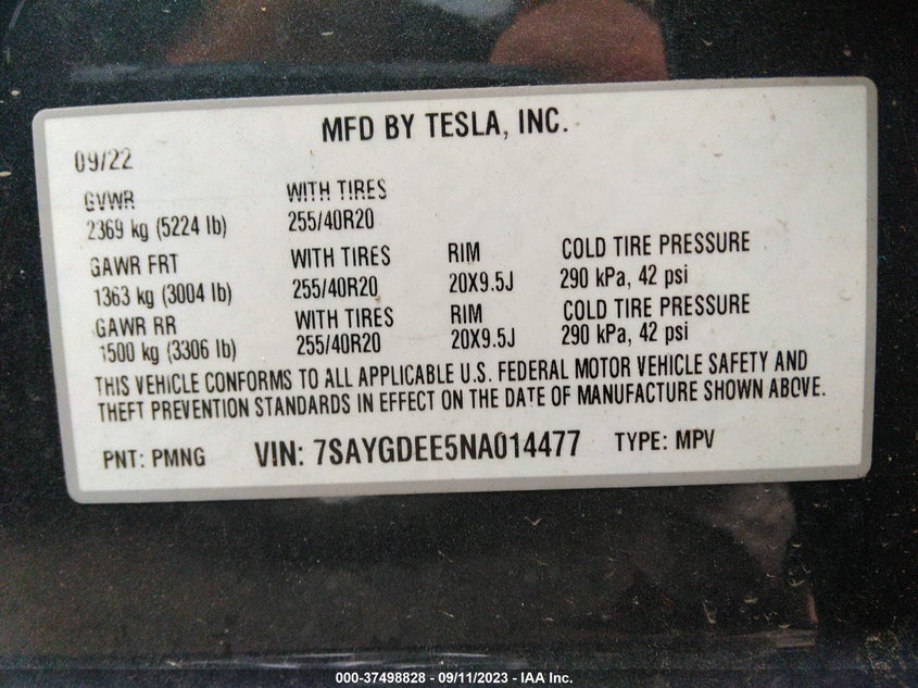 VIN 7SAYGDEE5NA014477 2022 TESLA MODEL Y LONG RANGE