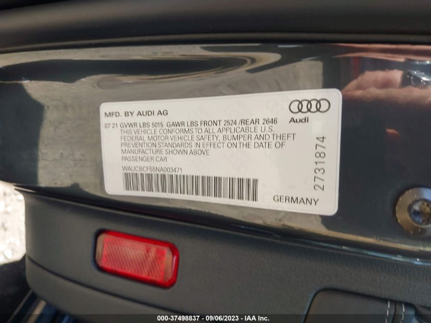 2022 AUDI A5 SPORTBACK PREMIUM PLUS - WAUCBCF55NA003471