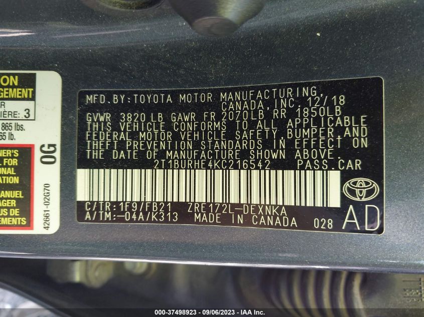 2019 TOYOTA COROLLA L/LE/SE/XLE/XSE - 2T1BURHE4KC216542