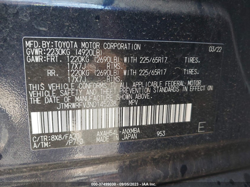 VIN JTMRWRFV3ND145238 2022 TOYOTA RAV4 HYBRID XLE
