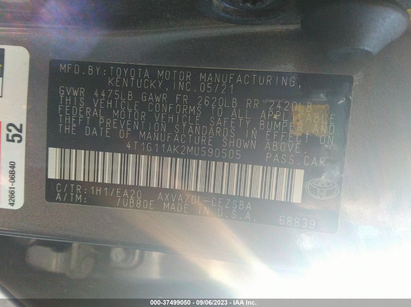 2021 TOYOTA CAMRY SE - 4T1G11AK2MU590505
