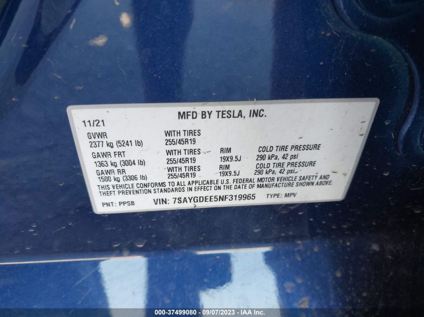 2022 TESLA MODEL Y - 7SAYGDEE5NF319965