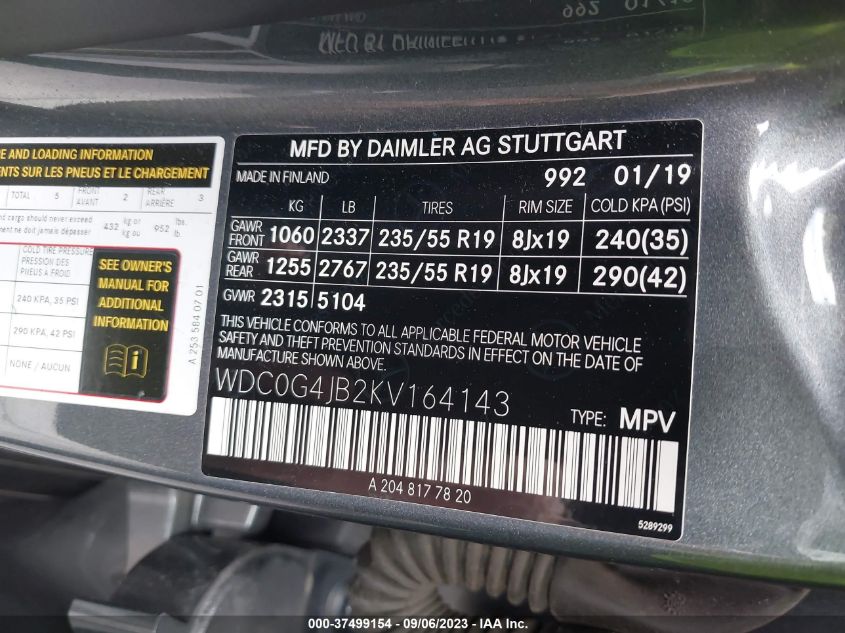 2019 MERCEDES-BENZ GLC 300 - WDC0G4JB2KV164143