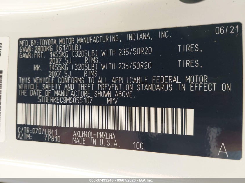 VIN 5TDERKEC9MS055107 2021 TOYOTA SIENNA LIMITED/PLATINUM
