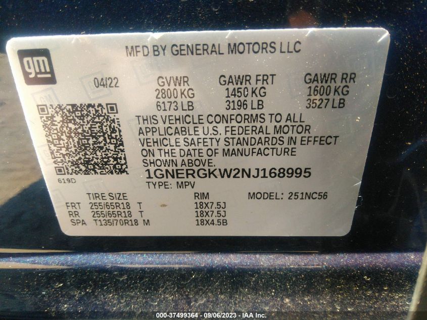 VIN 1GNERGKW2NJ168995 2022 CHEVROLET TRAVERSE LT