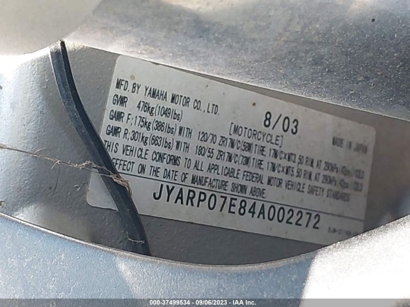 2004 YAMAHA FJR1300 JYARP07E84A002272