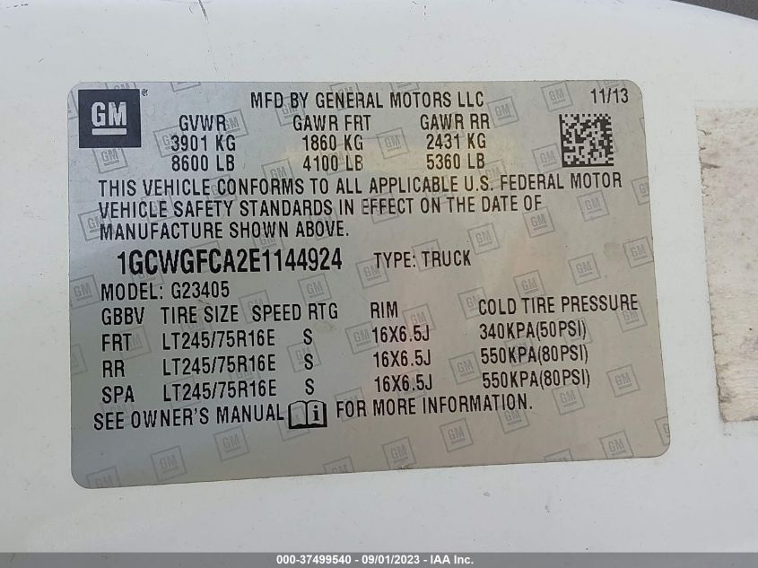 2014 CHEVROLET EXPRESS CARGO VAN - 1GCWGFCA2E1144924