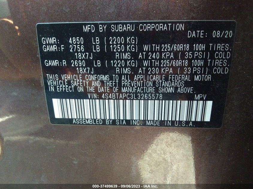 VIN 4S4BTAPC3L3265578 2020 SUBARU OUTBACK TOURING