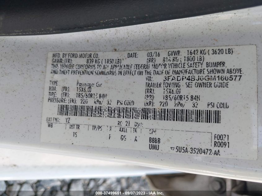 2016 FORD FIESTA SE - 3FADP4BJ6GM166577