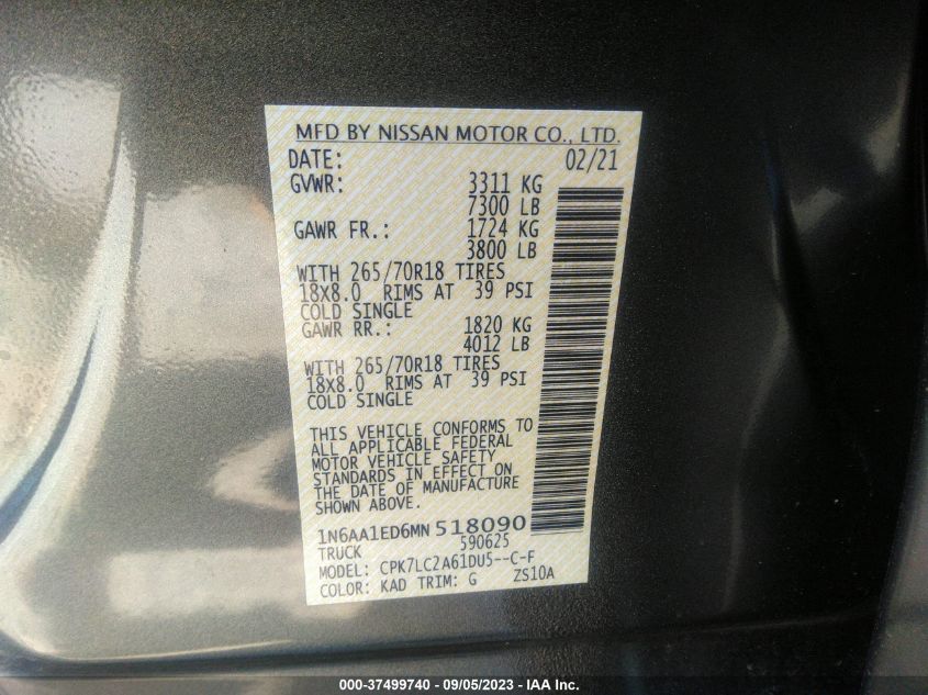 2021 NISSAN TITAN SV - 1N6AA1ED6MN518090