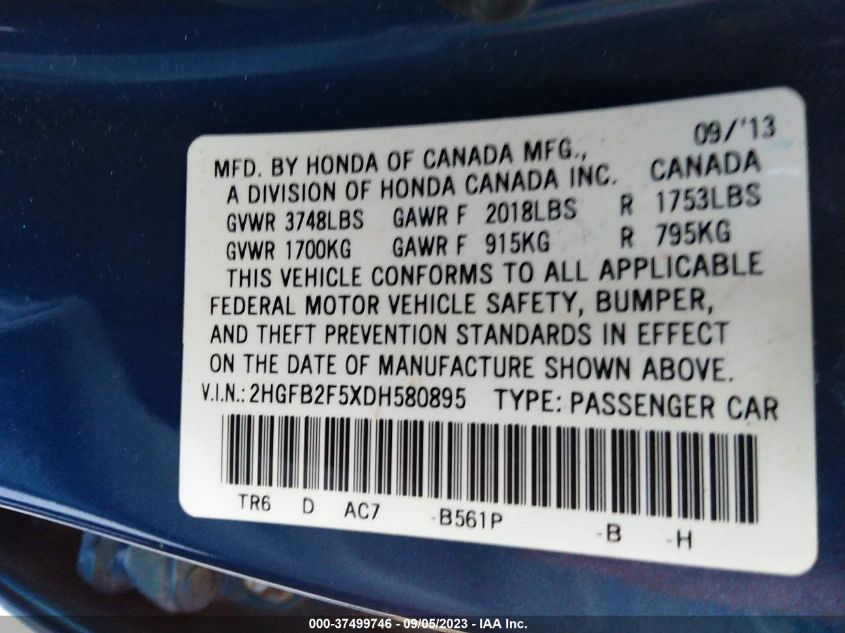 2013 HONDA CIVIC SDN LX - 2HGFB2F5XDH580895