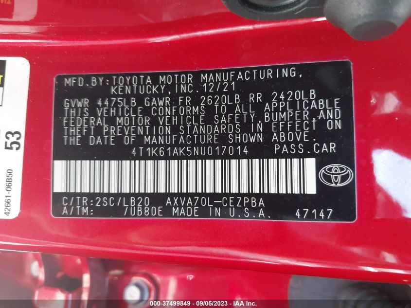 2022 TOYOTA CAMRY XSE - 4T1K61AK5NU017014