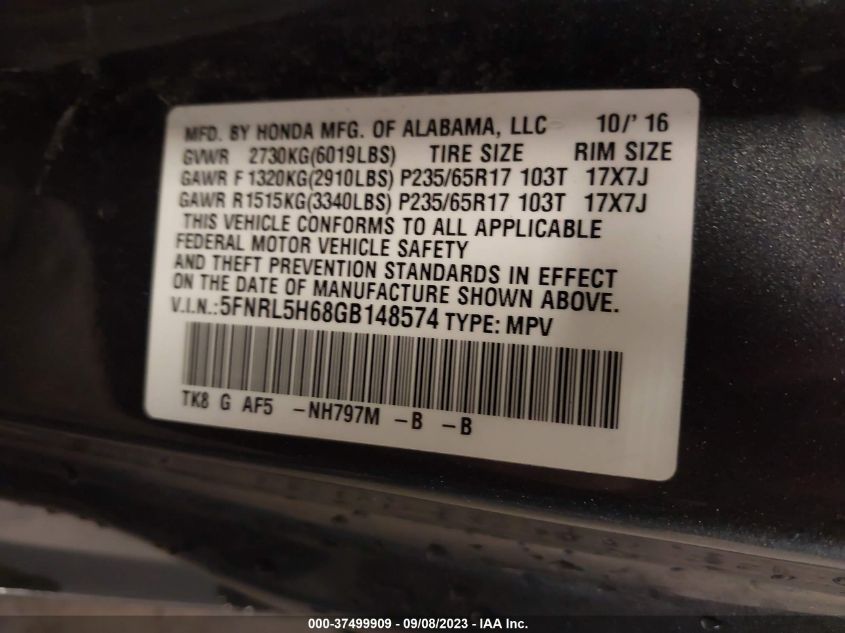 5FNRL5H68GB148574 2016 HONDA ODYSSEY, photo no. 9