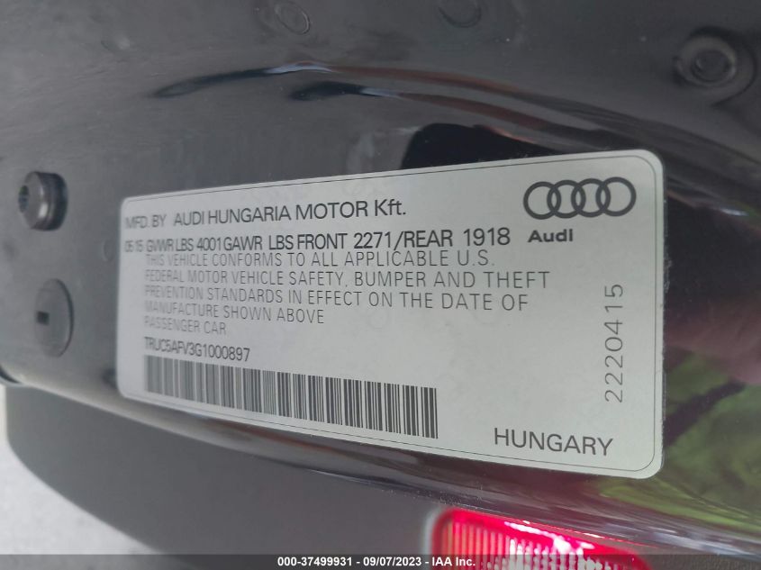 2016 AUDI TT 2.0T TRUC5AFV3G1000897