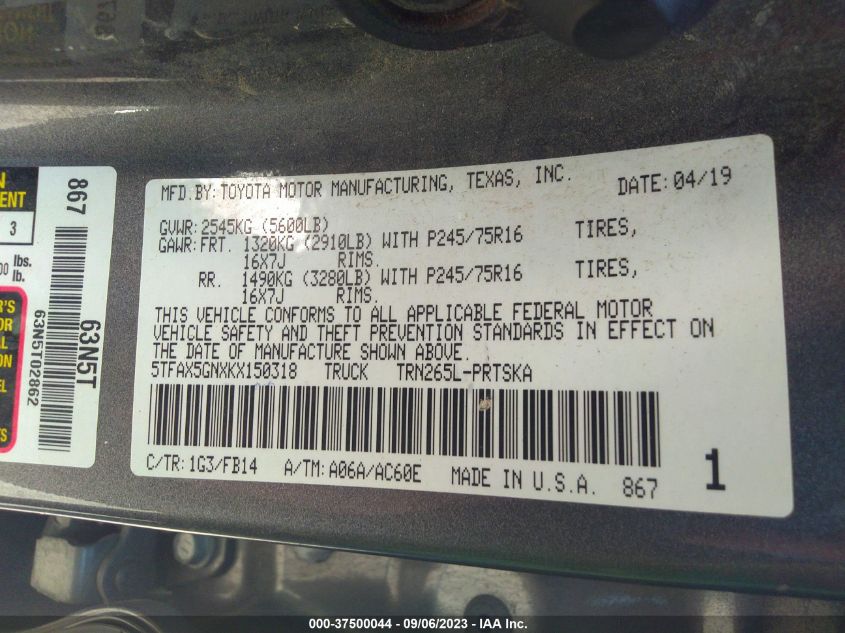 2019 TOYOTA TACOMA 2WD SR/SR5 5TFAX5GNXKX150318