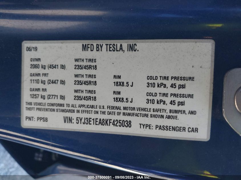 2019 TESLA MODEL 3 RANGE - 5YJ3E1EA8KF425038