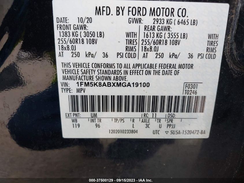 2021 FORD POLICE INTERCEPTOR - 1FM5K8ABXMGA19100