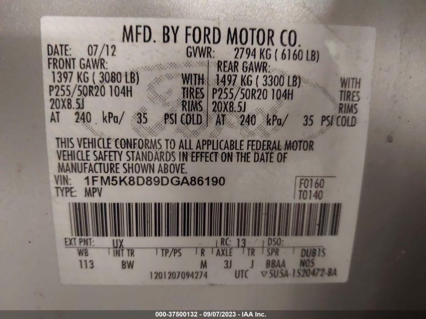 2013 FORD EXPLORER XLT - 1FM5K8D89DGA86190