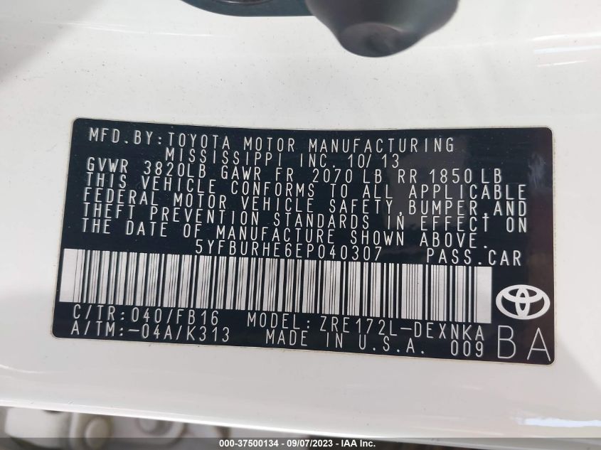 2014 TOYOTA COROLLA L/LE/S/S PLUS/LE PLUS - 5YFBURHE6EP040307