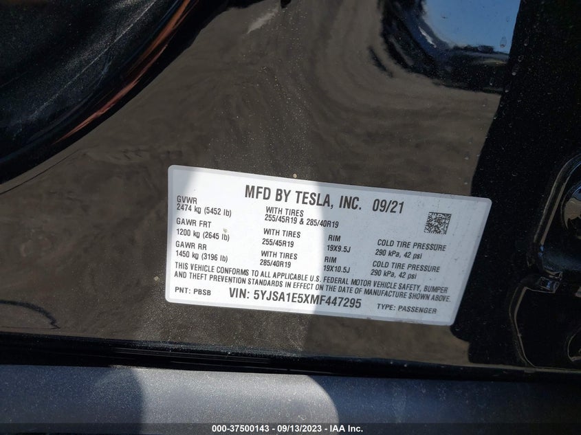 VIN 5YJSA1E5XMF447295 2021 TESLA MODEL S